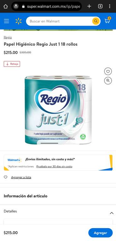 Walmart: Papel Higiénico REGIO JUST 1 18 ROLLOS $ 215