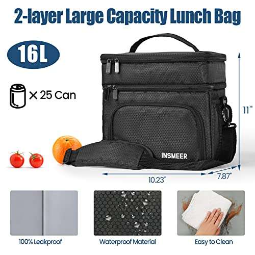 Amazon: INSMEER Lonchera aislada de 16 litros, bolsa de almuerzo de trabajo de 2 capas (negro)