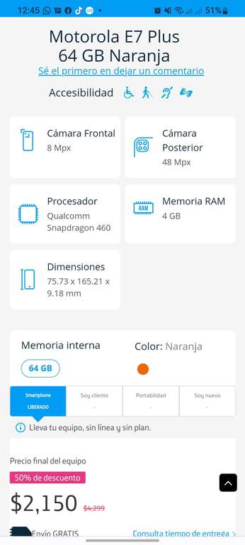 Movistar, Motorola E7 Plus 64 GB Naranja