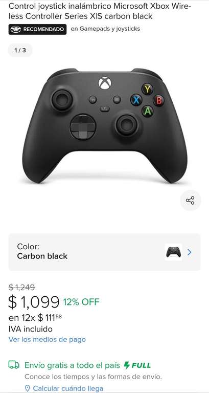 Mercado Libre: Control Xbox series X|S Carbon Black