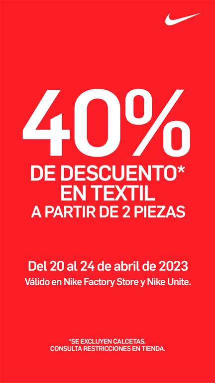 Nike Factory Store: 30% OFF en calzado y 40% en ropa (a partir de 2 prendas)