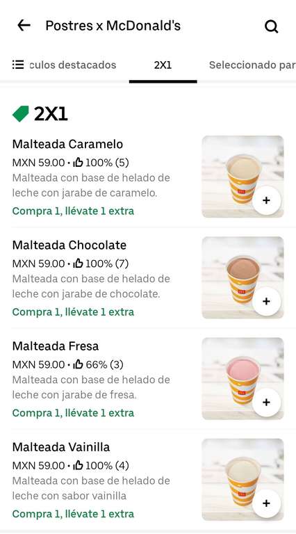 Uber Eats: Variedad de sabor de Malteadas 2x1 Postres x McDonald's miembros Uber One