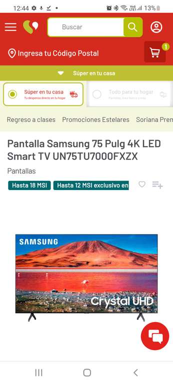 Soriana: Pantalla Samsung 75 Pulg 4K LED Smart TV UN75TU7000FXZX