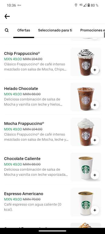 Uber Eats: Starbucks frappe y bebidas en 50 pesos - CDMX Benito Juárez