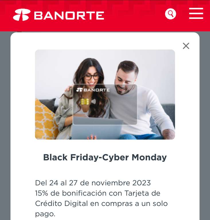 Banorte: Black Friday-Cyber Monday - 15% de bonificación con TDC Digital
