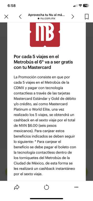 Promoción por cada 5 viajes en el Metrobús el 6° va a ser gratis con tu Mastercard