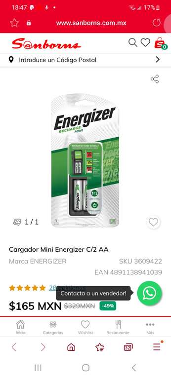 Sanborns: Cargador Mini Energizer C/2 AA