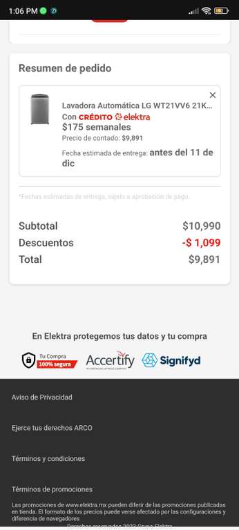 Elektra: Lavadora Automática LG WT21VV6 21Kg Gris | Pagando con PayPal