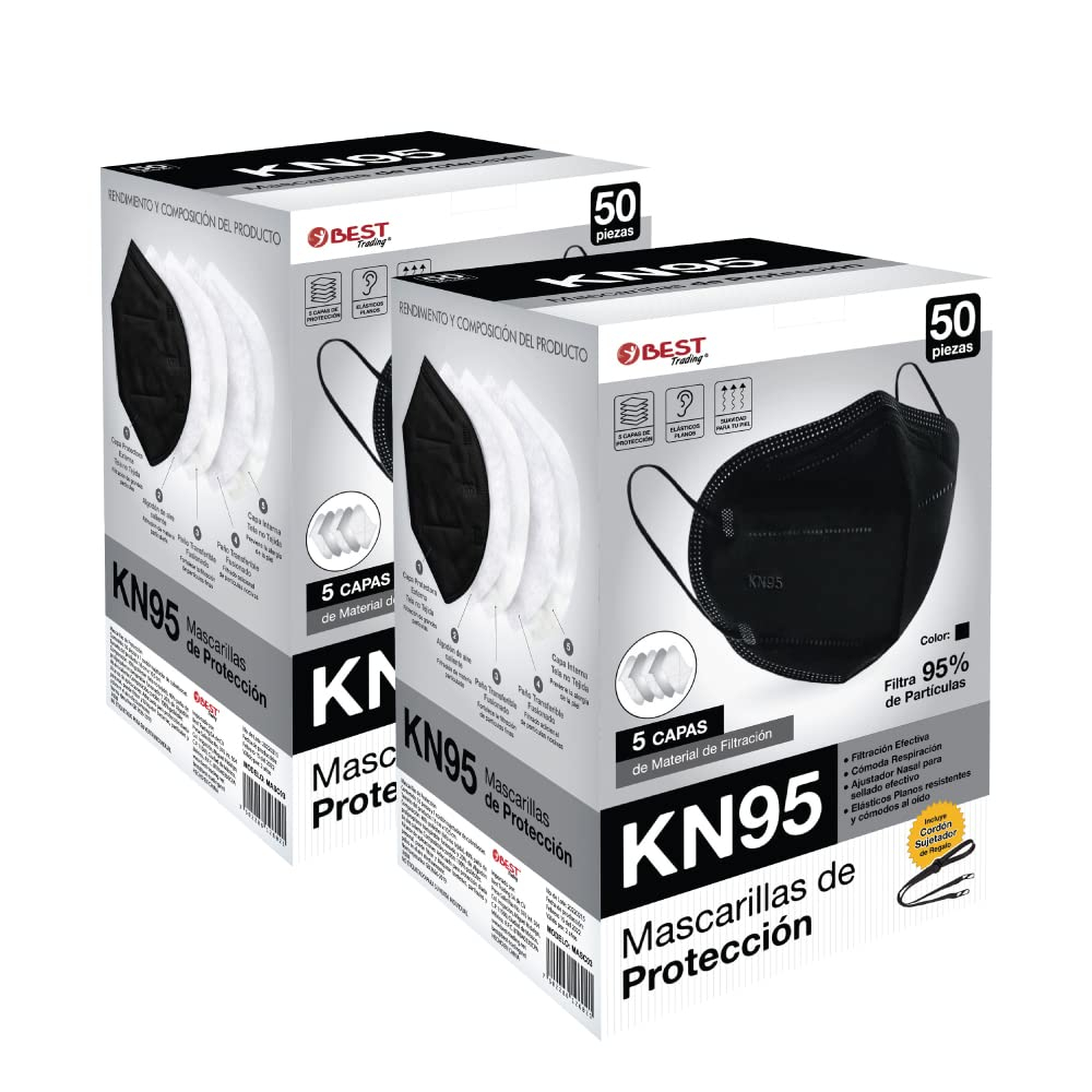 Amazon: Best Trading 100 Cubrebocas Negros KN95, Protección Certificada, 5 Capas, con Ajustador Nasal Oculto (planea y ahorra)