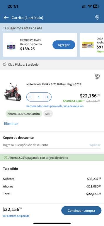 Sam's Club: ITALIKA BIT150 2023. SAMS $22,156.00