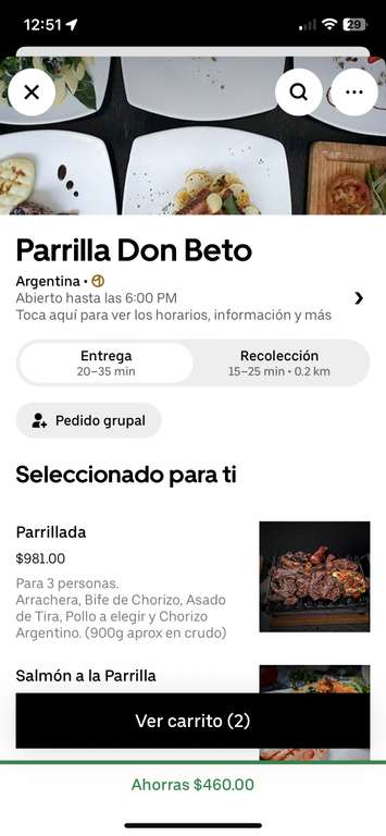 Uber Eats: Parrillada argentina en Parrilla Don Beto (gasta $500 ahorra $460)