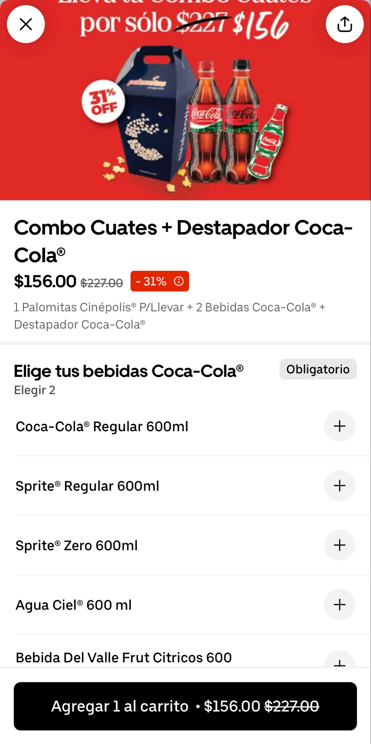 Uber eats: combo cuates + destapador coca cola