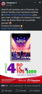 Cinemex: 4 boletos x $100 para Sing matiné sábado y domingo