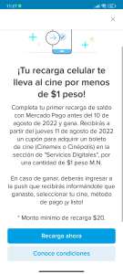 Mercado Pago | Boleto de cine en $1 al realizar una recarga de mínimo $20