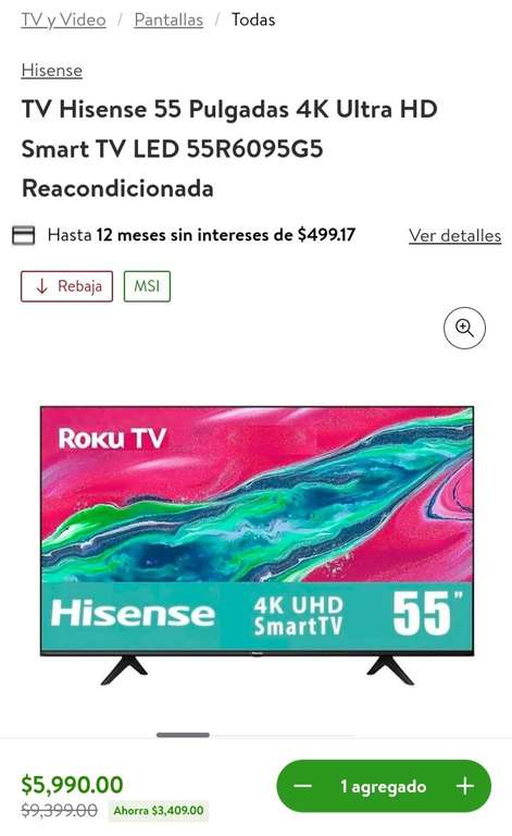 Bodega Aurrera: Pantalla TV Hisense 55 Pulgadas 4K Ultra HD Smart TV LED Reacondicionada