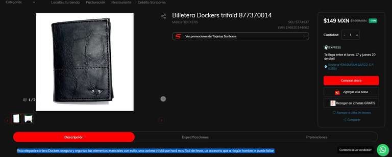 Billetera Dockers trifold 877370014 en Sanborns