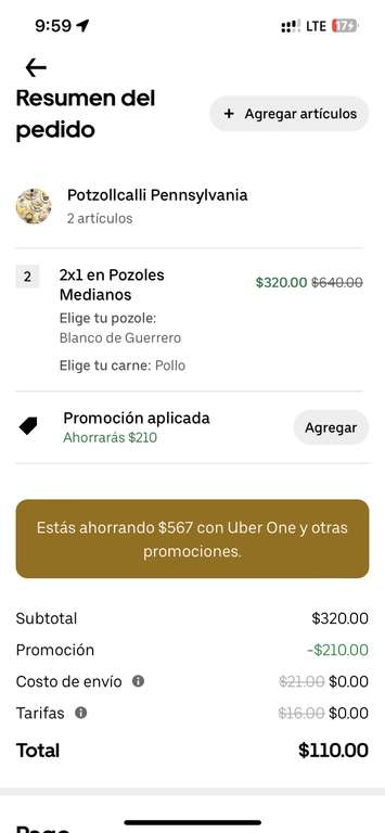 Uber Eats: POTZOLCALLI 4 pozoles medianos por $110 teniendo UBER ONE