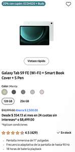 Samsung Store: Galaxy Tab S9FE 128GB y 256GB + Smart book cover + S pen + Samsung buds + Cargador 25W | $6199 en 1a compra