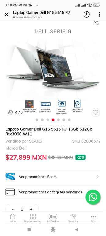 Sears: Laptop Gamer Dell G15 5515 R7 16Gb 512Gb Rtx3060 W11