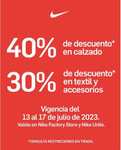 Nike factory outlet: 40% descuento en calzado y 30% en ropa.