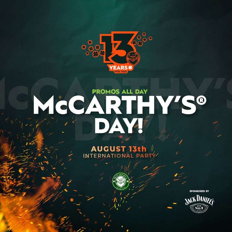 McCarthy's Irish Pub: Alitas $4.90, Tarros de 355 ml. $13, Copeo de Bebidas Participantes $35 (13 de agosto)