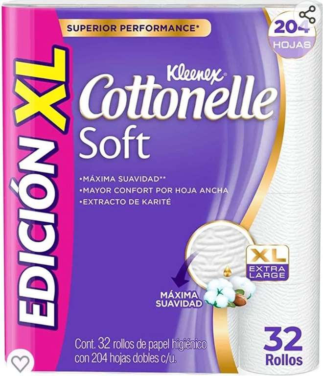 Amazon - Kleenex Cottonelle Soft XL, Papel Higiénico Extra Grande, 32 Rollos con 204 Hojas dobles | envío gratis con Prime