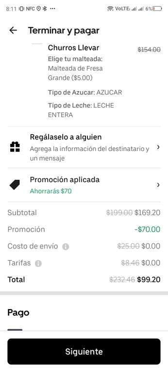 Uber Eats [El Moro]: Paquete malteada + 4 churros, más otros 4 churros por $99 | $70 OFF comprando $199 (Siendo miembros One)