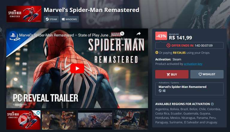 Nuuvem: Spider-Man Remastered STEAM VPN (Y Miles Morales en $350)