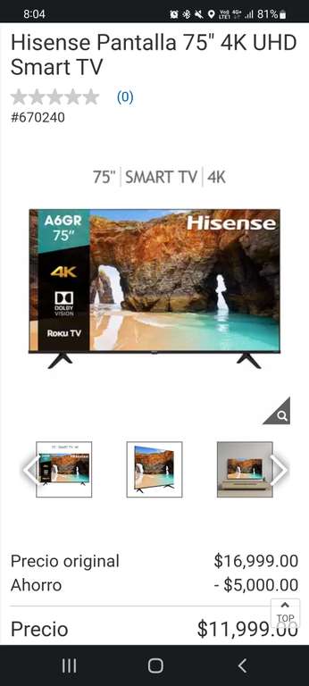 Costco: Hisense Pantalla 75" 4K UHD Smart TV y cupon