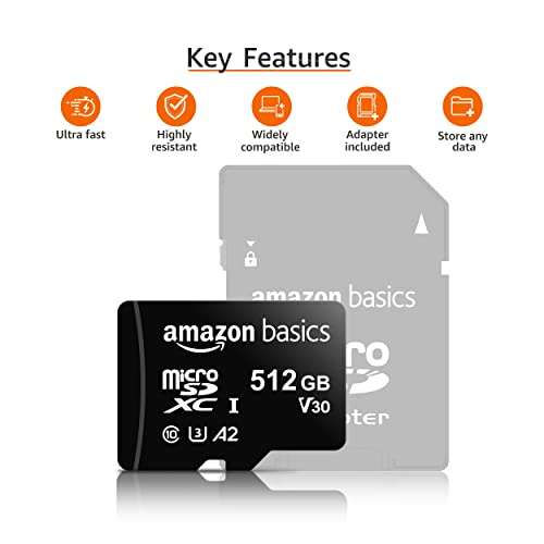 Amazon Basics - Tarjeta de memoria microSDXC de 512 GB, 100 MB/s, U3