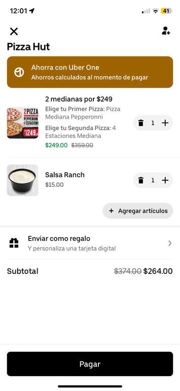 Uber Eats: 2 pizzas medianas a 164 en Pizza Hut