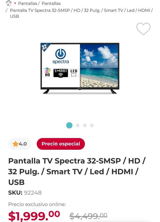 Office Depot: Pantalla TV Spectra 32-SMSP / HD / 32 Pulg. / Smart TV / Led  / HDMI / USB 