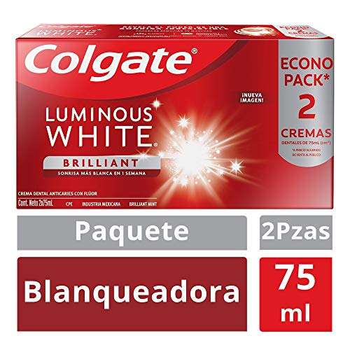 Amazon: Colgate Luminous White, Pasta Dental Blanqueadora, Sonrisa más blanca en 1 semana, poderosa remoción de manchas 75 ml 2 piezas
