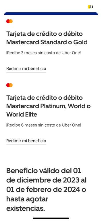 Mastercard: 3 o 6 meses gratis de Uber One