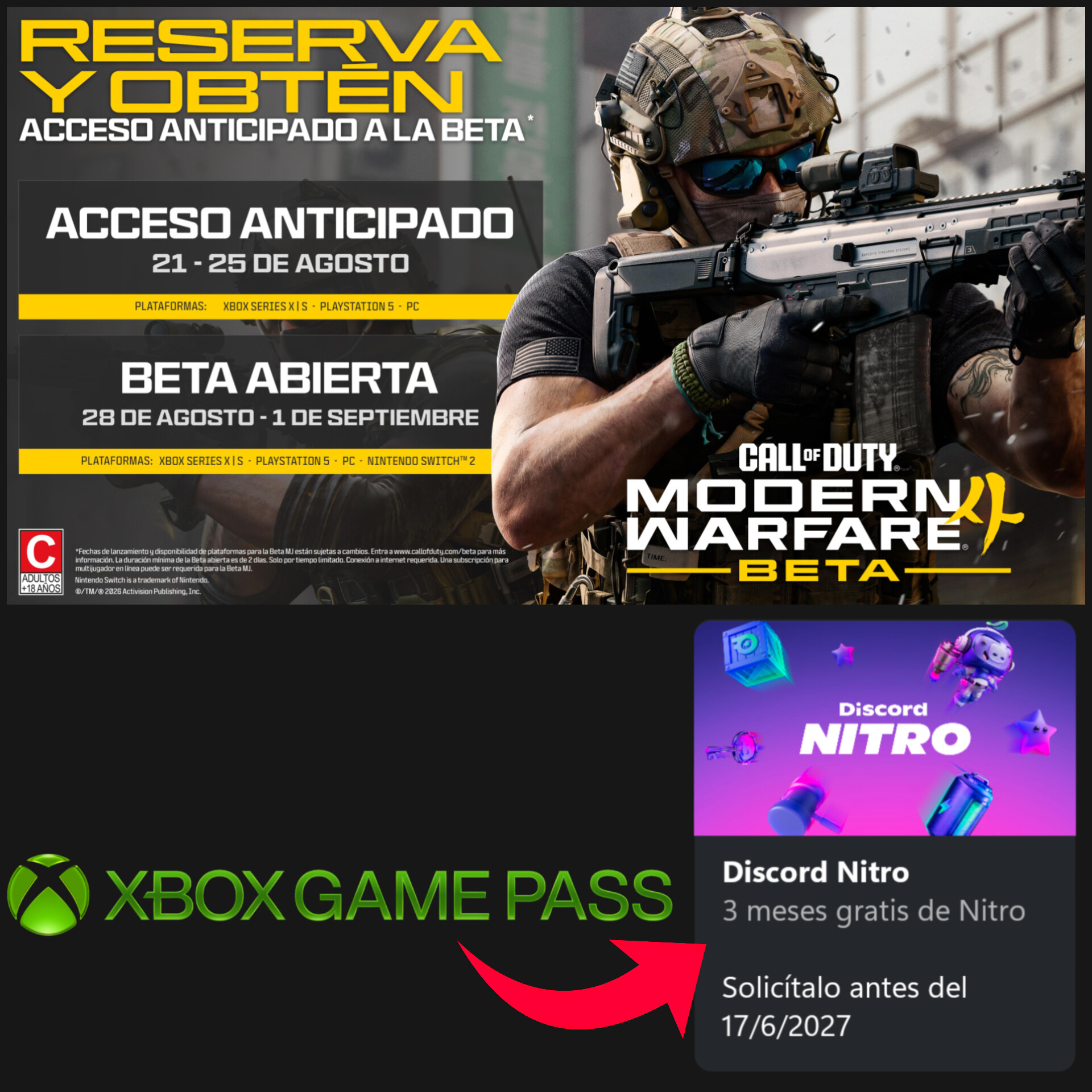 Acceso anticipado a la beta de Call of Duty: Modern Warfare 4 para suscriptores de Discord Nitro (gratis durante 3 meses para los Game Pass)
