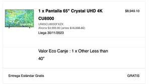 Samsung Store: Pantalla 65" Crystal UHD 4K CU8000 con cupón - reciclable- 10% TDC BBVA