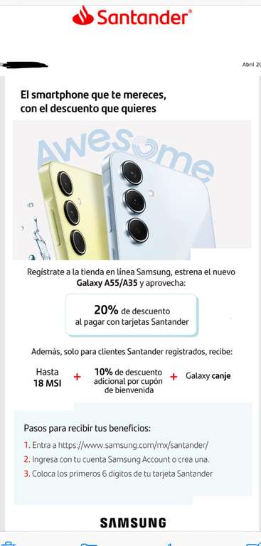 Samsung y Santander: 20% de descuento pagando con Santander + Galaxy Canje + 10% adicional al registrarse