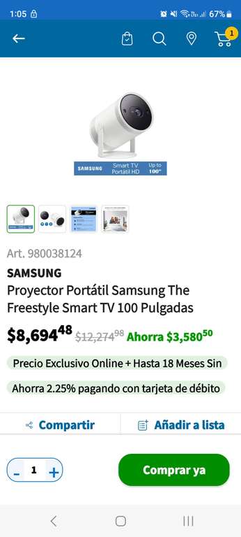 Sam's Club: Proyector portatil Samsung Freestyle Smart tv 100 pulgadas (el precio se llega con la bonificacion de cashi)