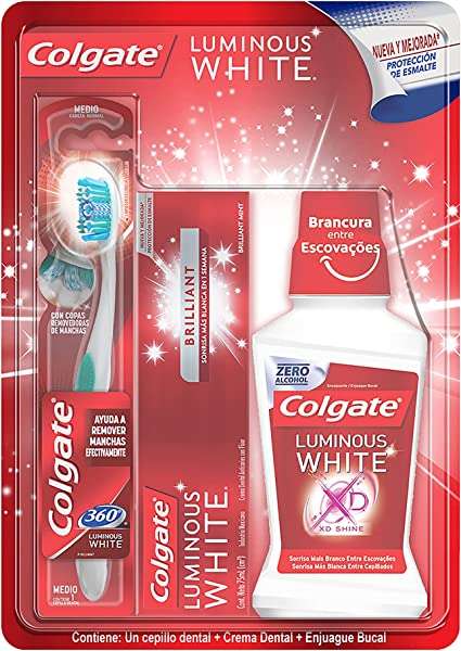 Amazon: Colgate Luminous White Cepillo + Pasta Dental + Enjuague, Kit de Limpieza Bucal | Planea y Ahorra, envío gratis con Prime