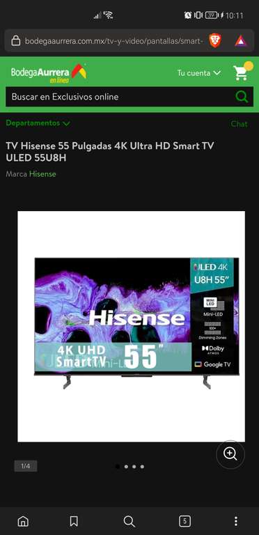 Bodega Aurrera: Pantalla TV Hisense 55 Pulgadas 4K Ultra HD Smart TV ULED 55U8H