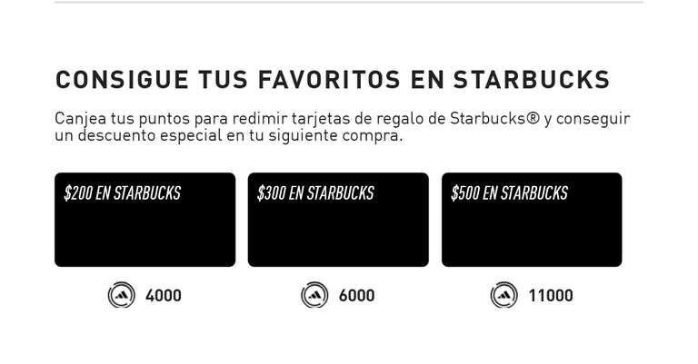 Adidas - Saldo de regalo en Starbucks al canjear tus puntos Adiclub | Ejemplo: $200 MXN por 8000 puntos