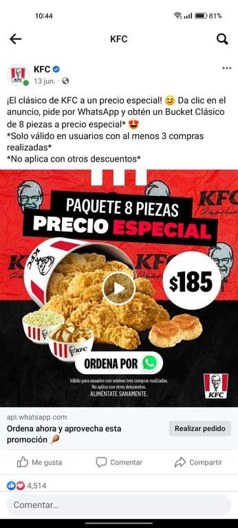 KFC: Combo clásico 8 piezas a $185 (ordenando por whatsapp)