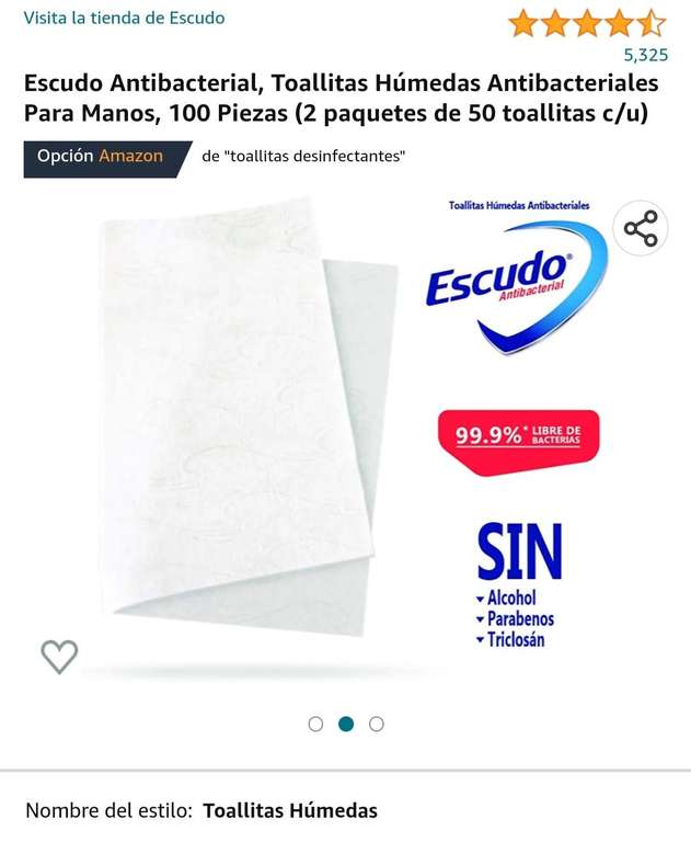 Amazon.Escudo Antibacterial, Toallitas Húmedas Antibacteriales Para Manos, 100 Piezas (2 paq de 50 toallitas c/u) | envío gratis con Prime