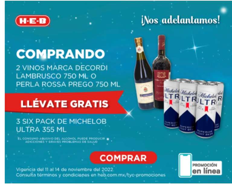Promo vinos y chela HEB 189 pesos 2 vinos lambrusco y 3 six de Ultra