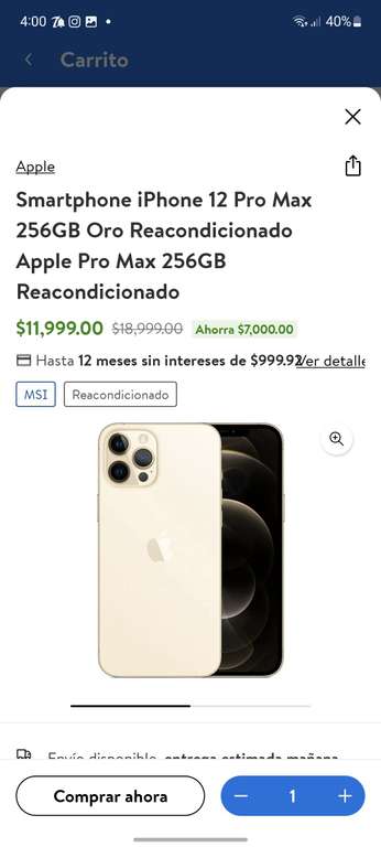 (Walmart) iPhone 12 Pro Max 256GB Oro Reacondicionado Apple