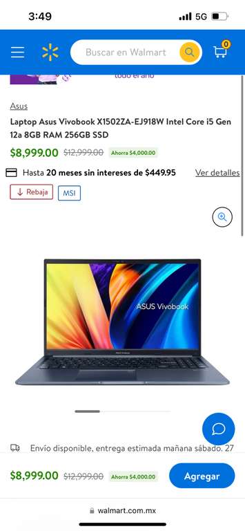 Walmart: Laptop Asus Vivobook X1502ZA-EJ918W Intel Core i5 Gen 12a 8GB RAM 256GB SSD