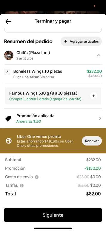 Uber Eats [Uber One]: 20 boneless por 82 pesos en Chilli's (leer descripción)
