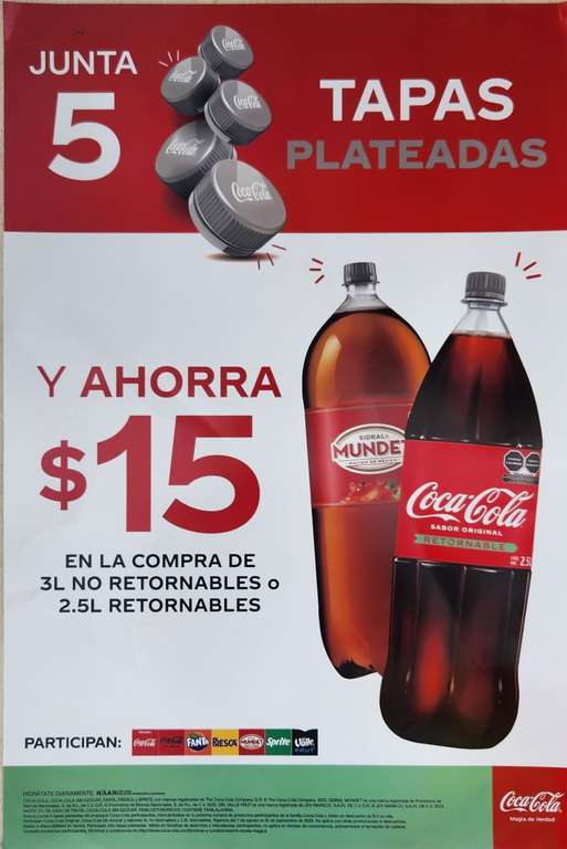 Coca-Cola: Junta 4 o 5 tapas plateadas y recibe $15 de descuento en productos Coca-Cola o líquido gratis (dependiendo de tu ciudad)