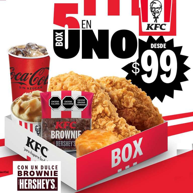 KFC: Nuevo Box 5 en 1 $99 (2 Pzas Cruji + 1 Puré + Bísquet + Refresco + 1 Brownie Hershey's)