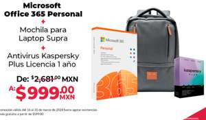 Office Depot: SUPER COMBO!! Office 365 personal 1 año, Kaspersky Plus 1 año y Mochila Supra